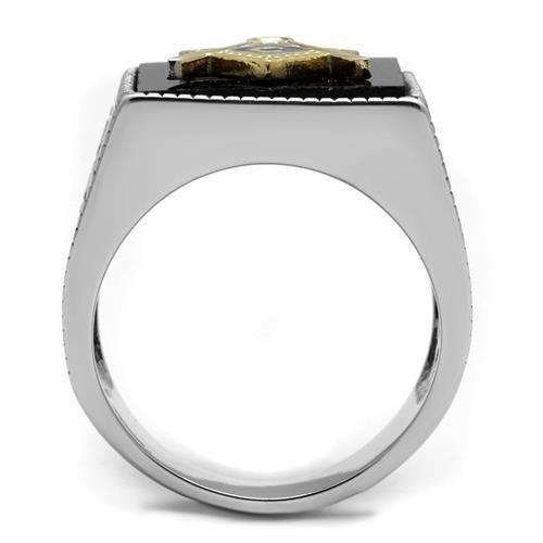 Two-Tone IP Gold (Ion Plating) Stainless Steel Ring with Semi-Precious Agate in Jet