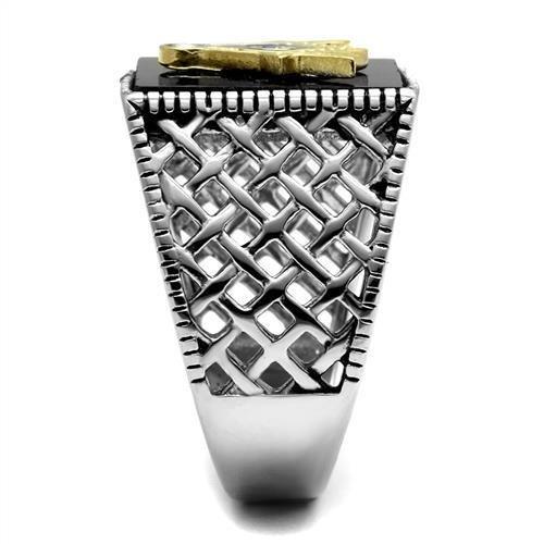 Two-Tone IP Gold (Ion Plating) Stainless Steel Ring with Semi-Precious Agate in Jet