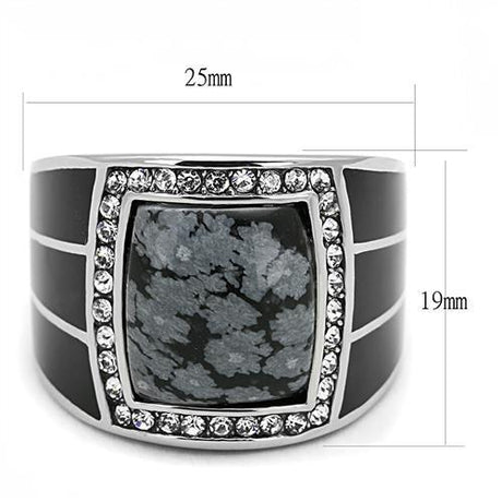High polished (no plating) Stainless Steel Ring with Semi-Precious Snowflake Obsidian in Jet