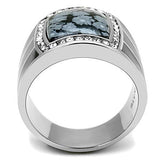 High polished (no plating) Stainless Steel Ring with Semi-Precious Snowflake Obsidian in Jet