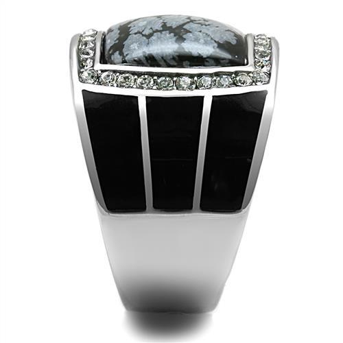High polished (no plating) Stainless Steel Ring with Semi-Precious Snowflake Obsidian in Jet