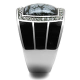 High polished (no plating) Stainless Steel Ring with Semi-Precious Snowflake Obsidian in Jet