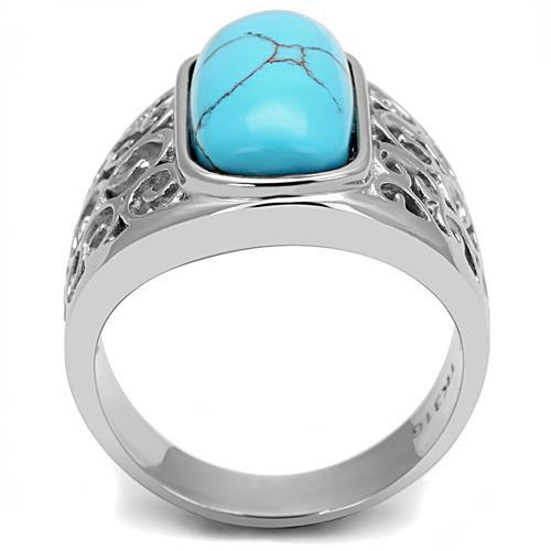 High polished (no plating) Stainless Steel Ring with Synthetic Turquoise in Sea Blue