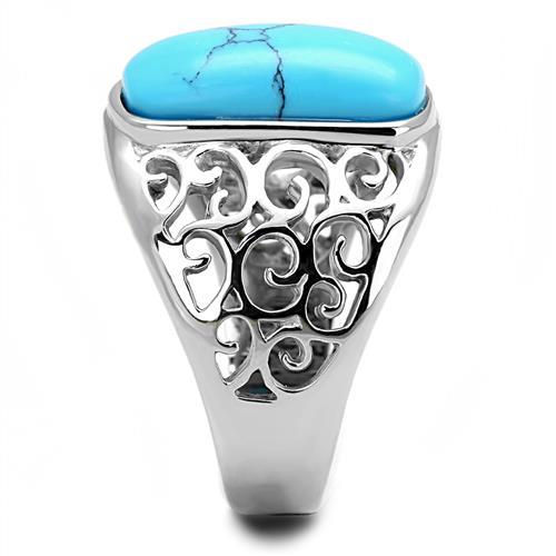 High polished (no plating) Stainless Steel Ring with Synthetic Turquoise in Sea Blue
