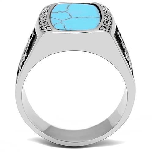High polished (no plating) Stainless Steel Ring with Synthetic Turquoise in Sea Blue