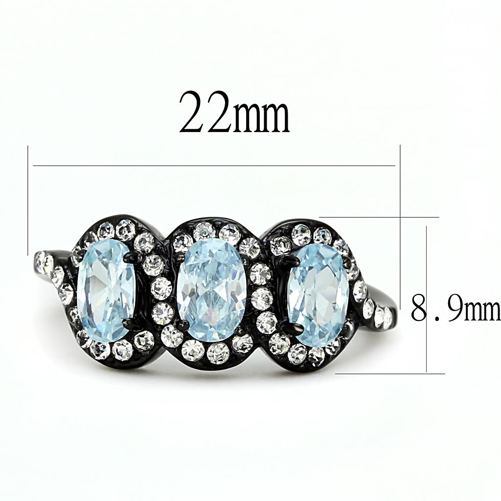IP Black(Ion Plating) Stainless Steel Ring with AAA Grade CZ  in Sea Blue
