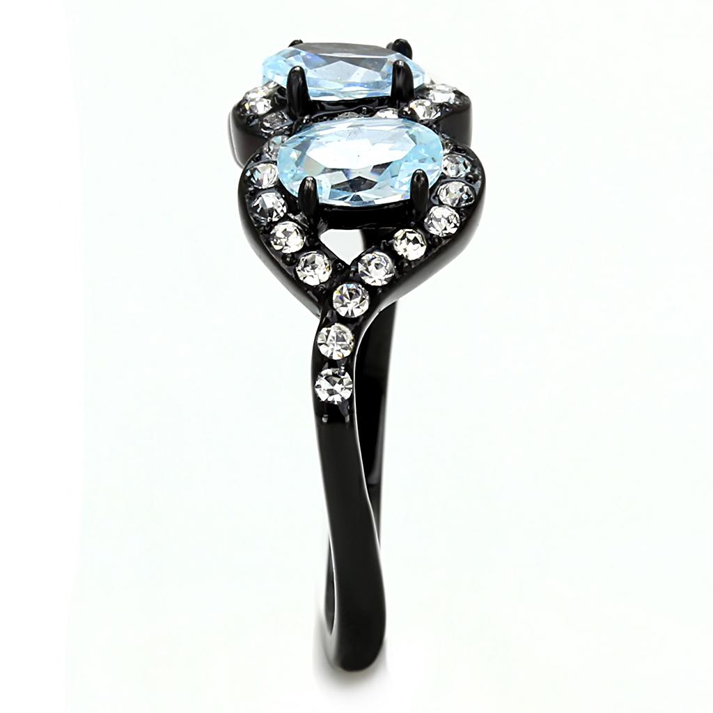 IP Black(Ion Plating) Stainless Steel Ring with AAA Grade CZ  in Sea Blue