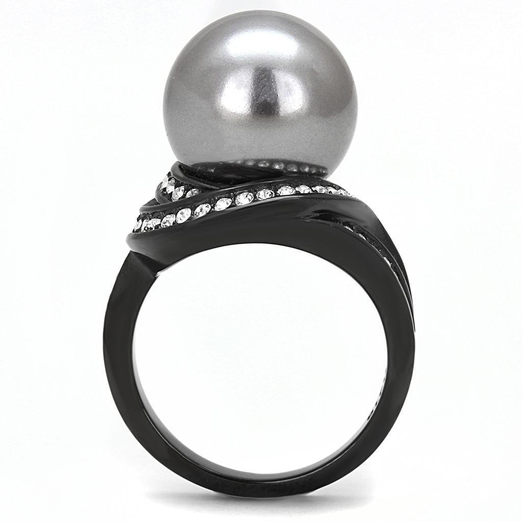 IP Black(Ion Plating) Stainless Steel Ring with Synthetic Pearl in Gray