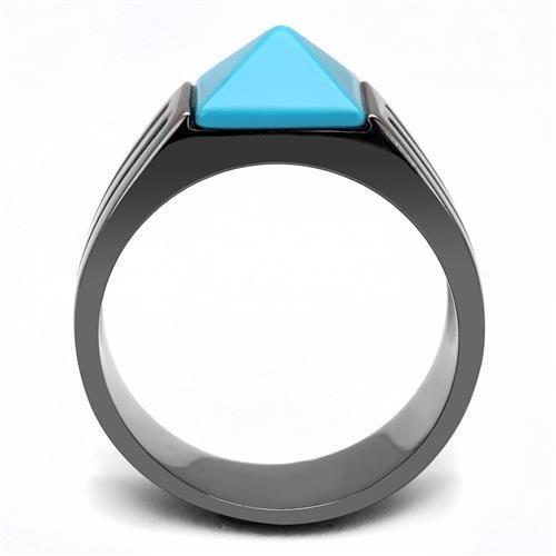 IP Light Black  (IP Gun) Stainless Steel Ring with Synthetic Turquoise in Sea Blue