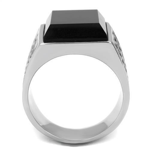 High polished (no plating) Stainless Steel Ring with Synthetic Onyx in Jet