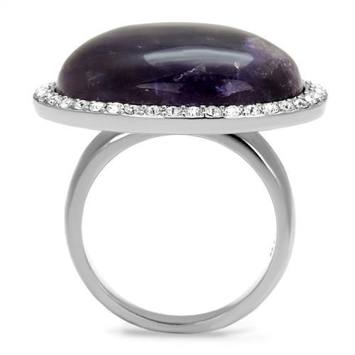 High polished (no plating) Stainless Steel Ring with Semi-Precious Amethyst Crystal in Amethyst