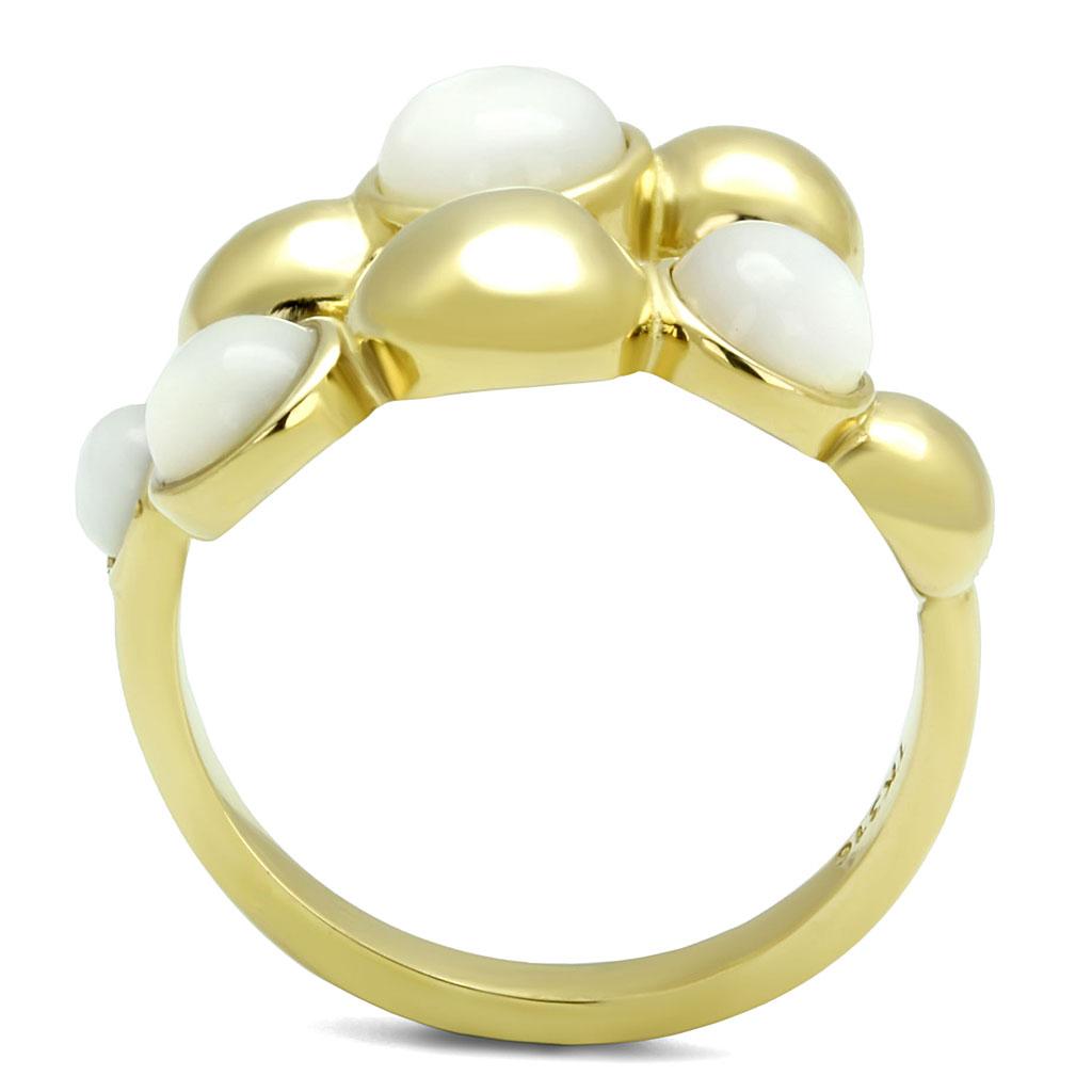 IP Gold(Ion Plating) Stainless Steel Ring with Semi-Precious Coral in Aurora Borealis (Rainbow Effect)