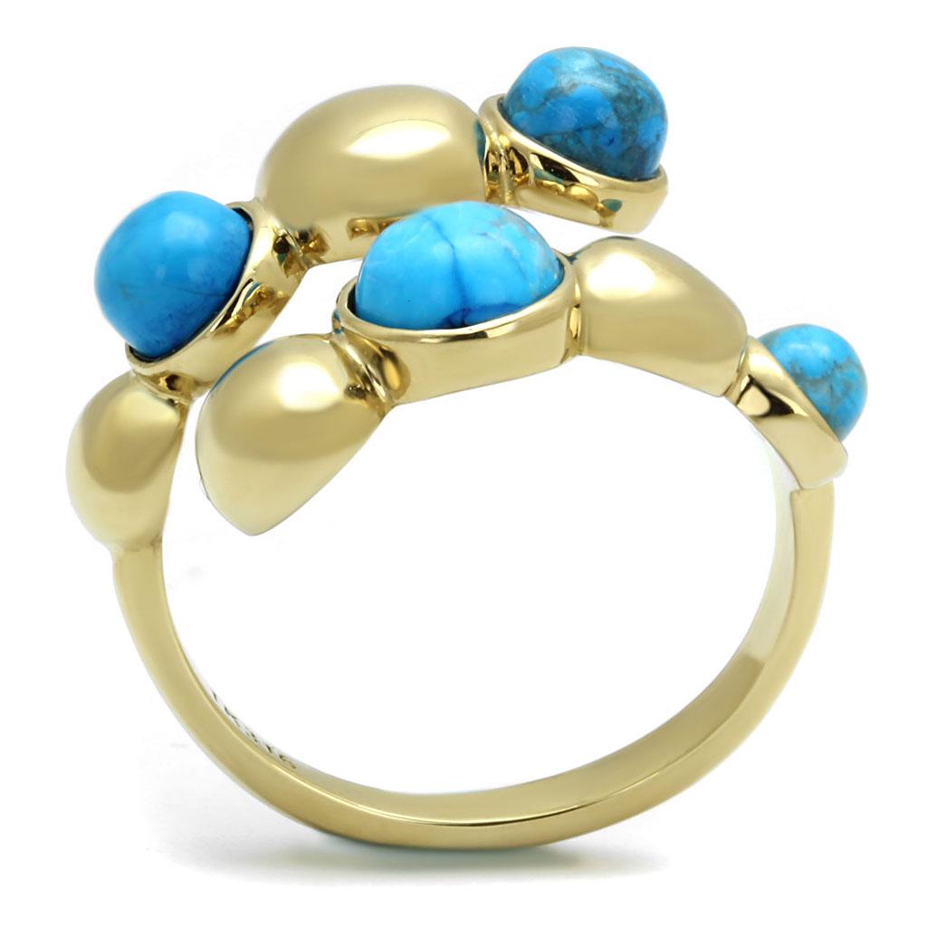 IP Gold(Ion Plating) Stainless Steel Ring with Semi-Precious Turquoise in Sea Blue