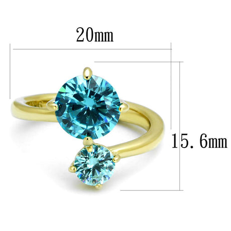 IP Gold(Ion Plating) Stainless Steel Ring with AAA Grade CZ  in Sea Blue