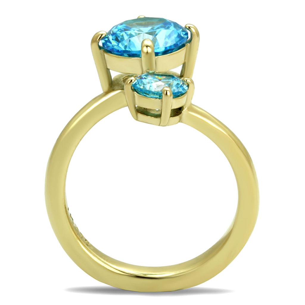 IP Gold(Ion Plating) Stainless Steel Ring with AAA Grade CZ  in Sea Blue