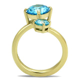 IP Gold(Ion Plating) Stainless Steel Ring with AAA Grade CZ  in Sea Blue