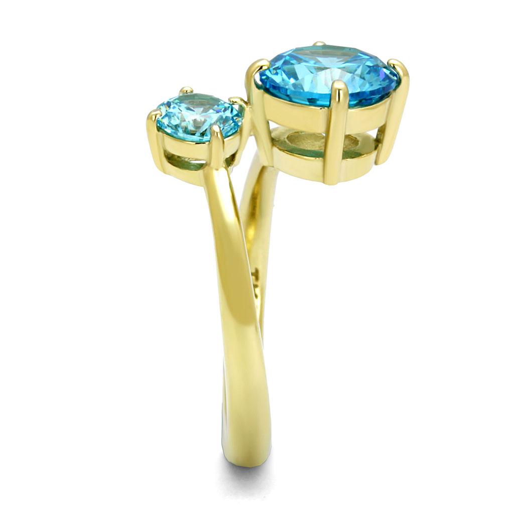 IP Gold(Ion Plating) Stainless Steel Ring with AAA Grade CZ  in Sea Blue