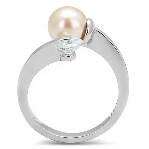 High polished (no plating) Stainless Steel Ring with Synthetic Pearl in Light Peach