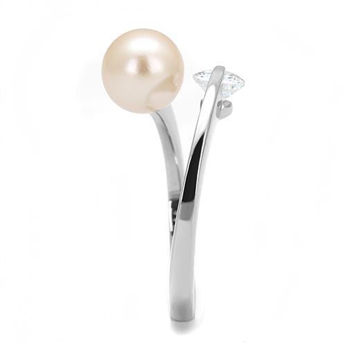 High polished (no plating) Stainless Steel Ring with Synthetic Pearl in Light Peach