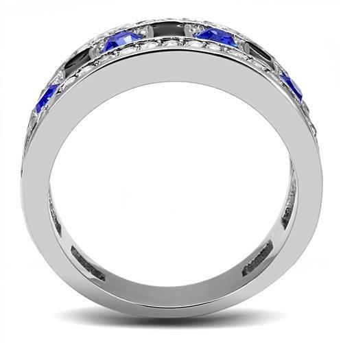 High polished (no plating) Stainless Steel Ring with Top Grade Crystal  in Sapphire