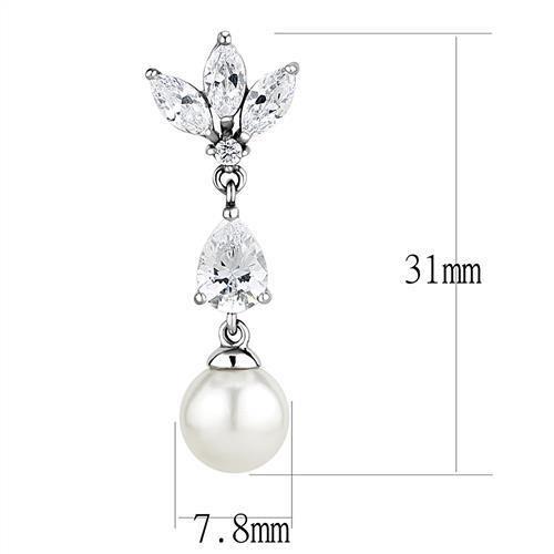 Rhodium Stainless Steel Earrings with Synthetic Pearl in White
