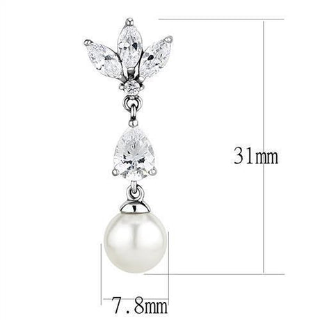 Rhodium Stainless Steel Earrings with Synthetic Pearl in White