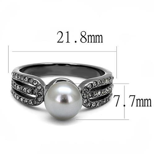 IP Light Black  (IP Gun) Stainless Steel Ring with Synthetic Pearl in Gray