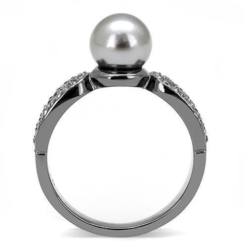 IP Light Black  (IP Gun) Stainless Steel Ring with Synthetic Pearl in Gray
