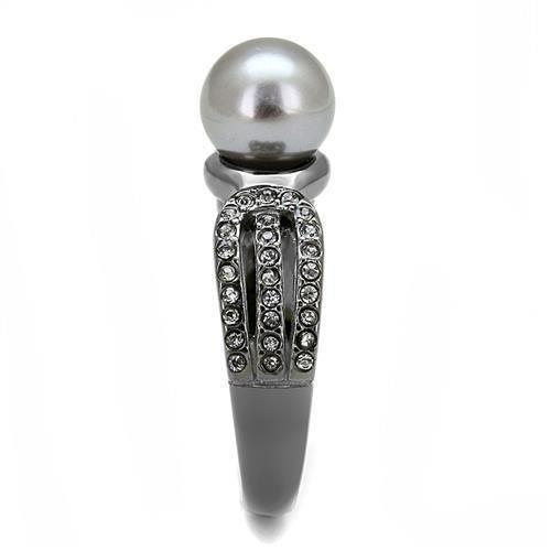 IP Light Black  (IP Gun) Stainless Steel Ring with Synthetic Pearl in Gray