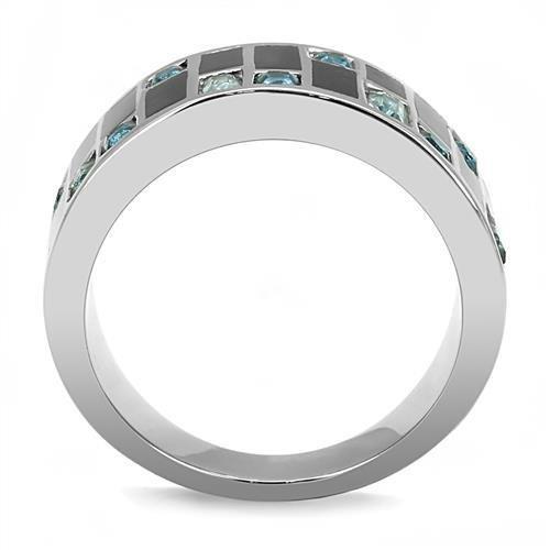 High polished (no plating) Stainless Steel Ring with Synthetic Synthetic Glass in Sea Blue