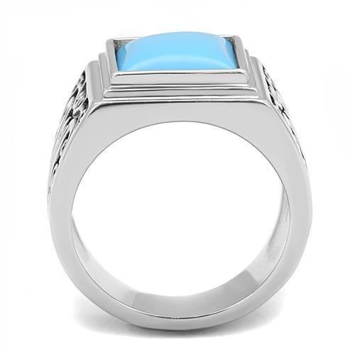 High polished (no plating) Stainless Steel Ring with Synthetic Turquoise in Sea Blue