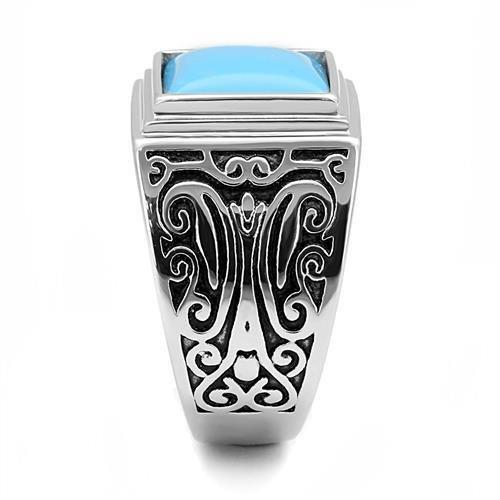 High polished (no plating) Stainless Steel Ring with Synthetic Turquoise in Sea Blue