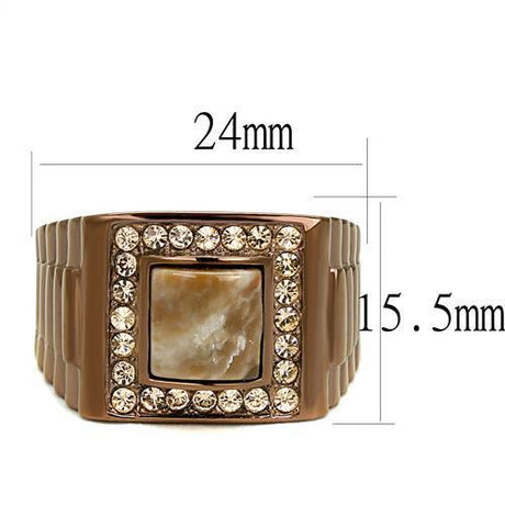 IP Coffee light Stainless Steel Ring with Semi-Precious Rain Flower Stone in Brown