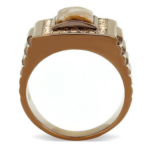 IP Coffee light Stainless Steel Ring with Semi-Precious Rain Flower Stone in Brown
