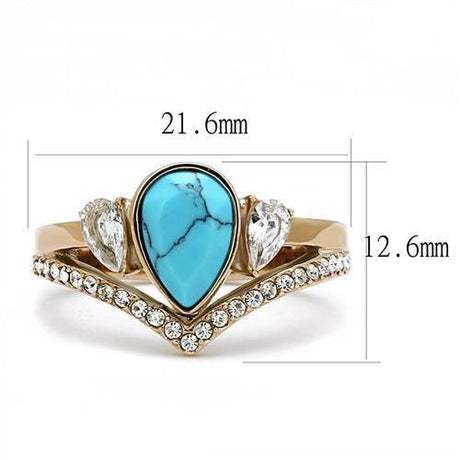 IP Rose Gold(Ion Plating) Stainless Steel Ring with Synthetic Turquoise in Sea Blue