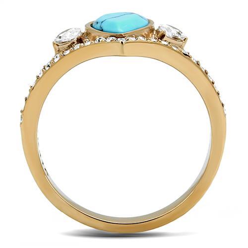 IP Rose Gold(Ion Plating) Stainless Steel Ring with Synthetic Turquoise in Sea Blue