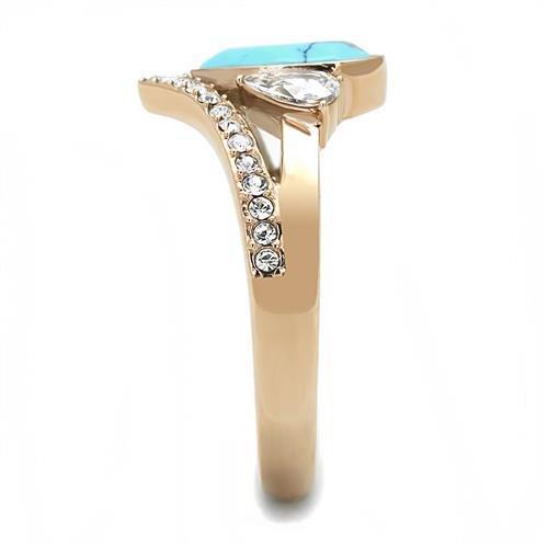 IP Rose Gold(Ion Plating) Stainless Steel Ring with Synthetic Turquoise in Sea Blue