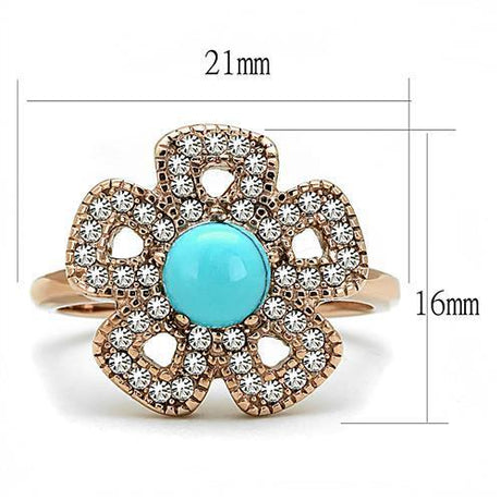 IP Rose Gold(Ion Plating) Stainless Steel Ring with Synthetic Turquoise in Sea Blue