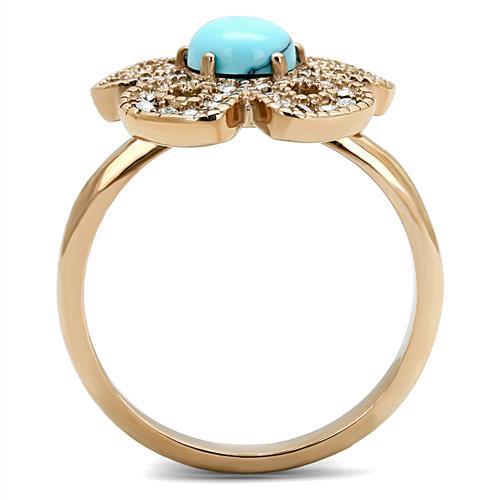 IP Rose Gold(Ion Plating) Stainless Steel Ring with Synthetic Turquoise in Sea Blue