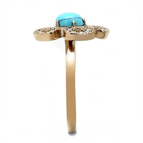 IP Rose Gold(Ion Plating) Stainless Steel Ring with Synthetic Turquoise in Sea Blue