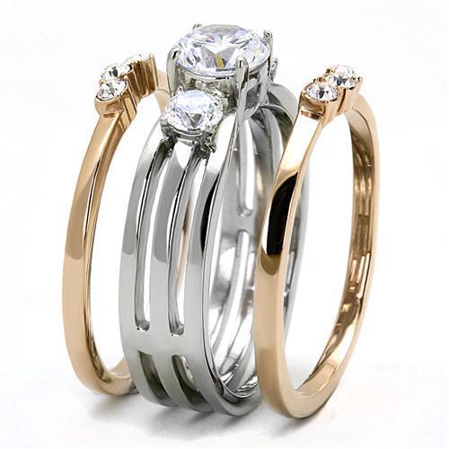 Two-Tone IP Rose Gold Stainless Steel Ring with AAA Grade CZ  in Clear