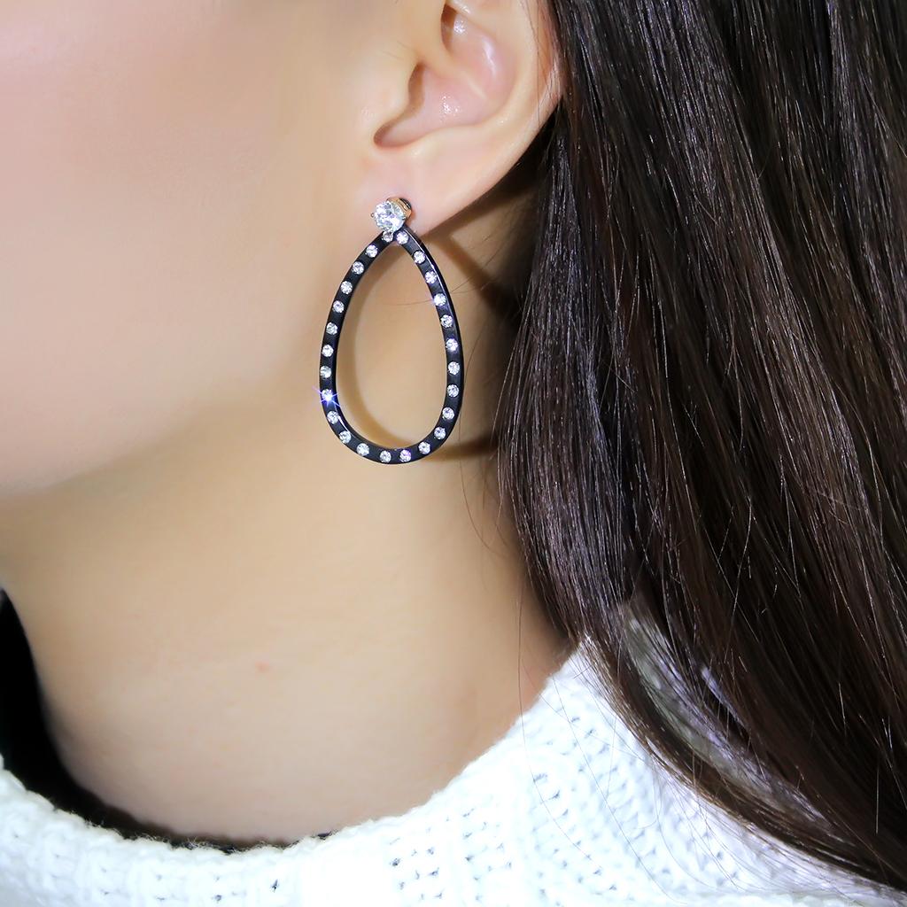 IP Gold+ IP Black (Ion Plating) Stainless Steel Earrings with AAA Grade CZ  in Clear