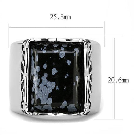 High polished (no plating) Stainless Steel Ring with Semi-Precious Snowflake Obsidian in Jet