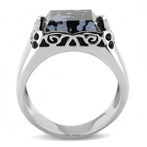 High polished (no plating) Stainless Steel Ring with Semi-Precious Snowflake Obsidian in Jet