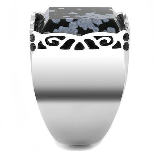 High polished (no plating) Stainless Steel Ring with Semi-Precious Snowflake Obsidian in Jet