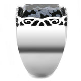 High polished (no plating) Stainless Steel Ring with Semi-Precious Snowflake Obsidian in Jet