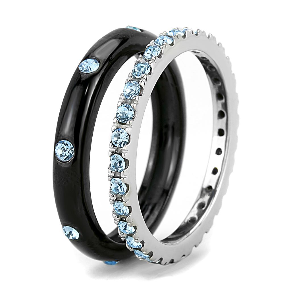 Two-Tone IP Black (Ion Plating) Stainless Steel Ring with Top Grade Crystal  in Sea Blue