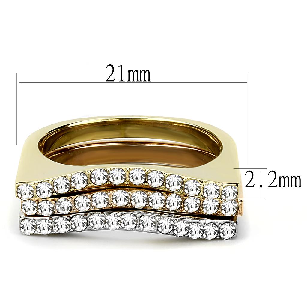 Three Tone (IP Gold & IP Rose Gold & High Polished) Stainless Steel Ring with Top Grade Crystal  in Clear