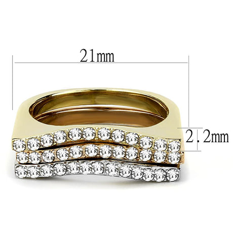 Three Tone (IP Gold & IP Rose Gold & High Polished) Stainless Steel Ring with Top Grade Crystal  in Clear