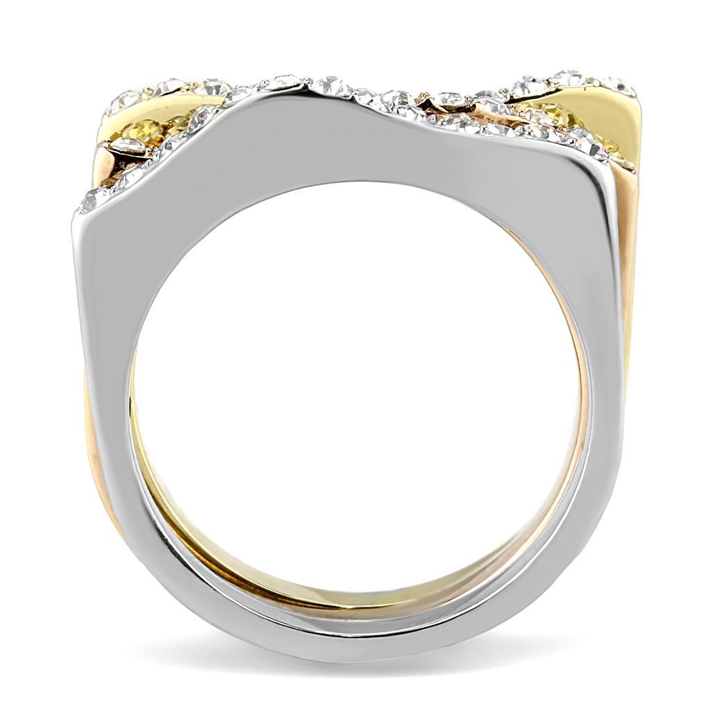 Three Tone (IP Gold & IP Rose Gold & High Polished) Stainless Steel Ring with Top Grade Crystal  in Clear